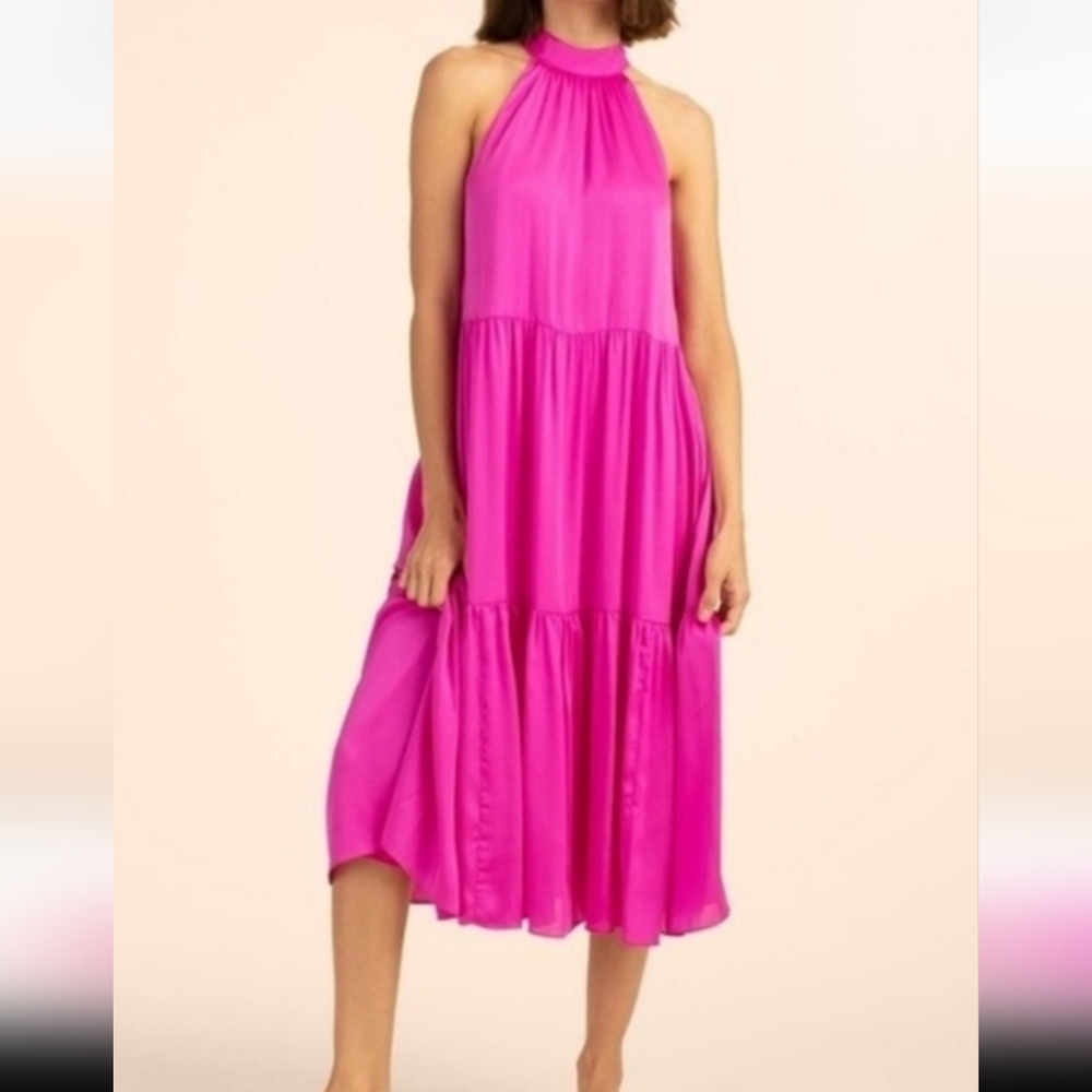 NWT Trina Turk Immeasurable Dress High Neck Midi Tiered Hot Pink Size Medium